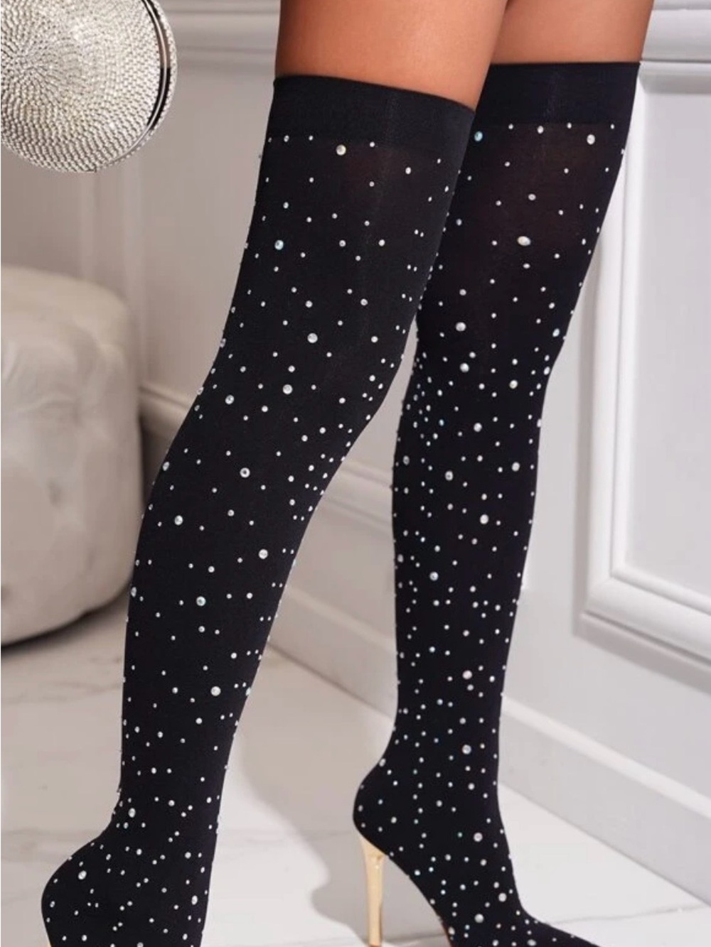Black Rhinestone Over-the-Knee Stretch Sock Heeled Boots